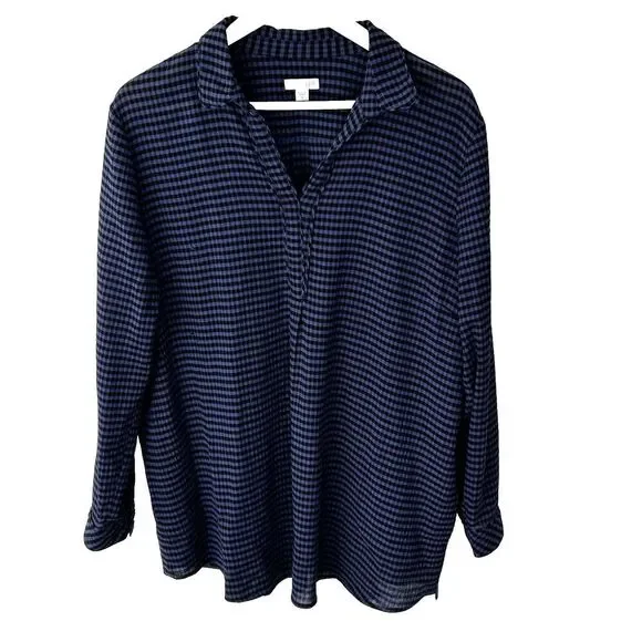 J.Jill Top Size XL Popover V-Neck Plaid Check Blouse Black Purple/Blue Women's - Picture 1 of 8